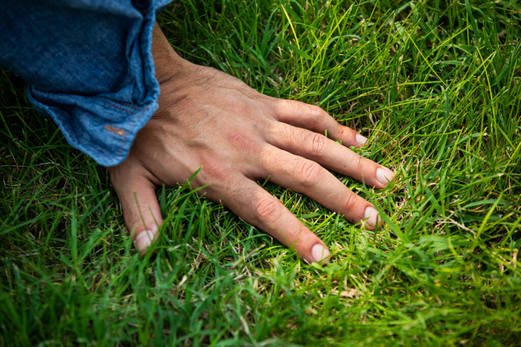 A hand spread across green grass.
