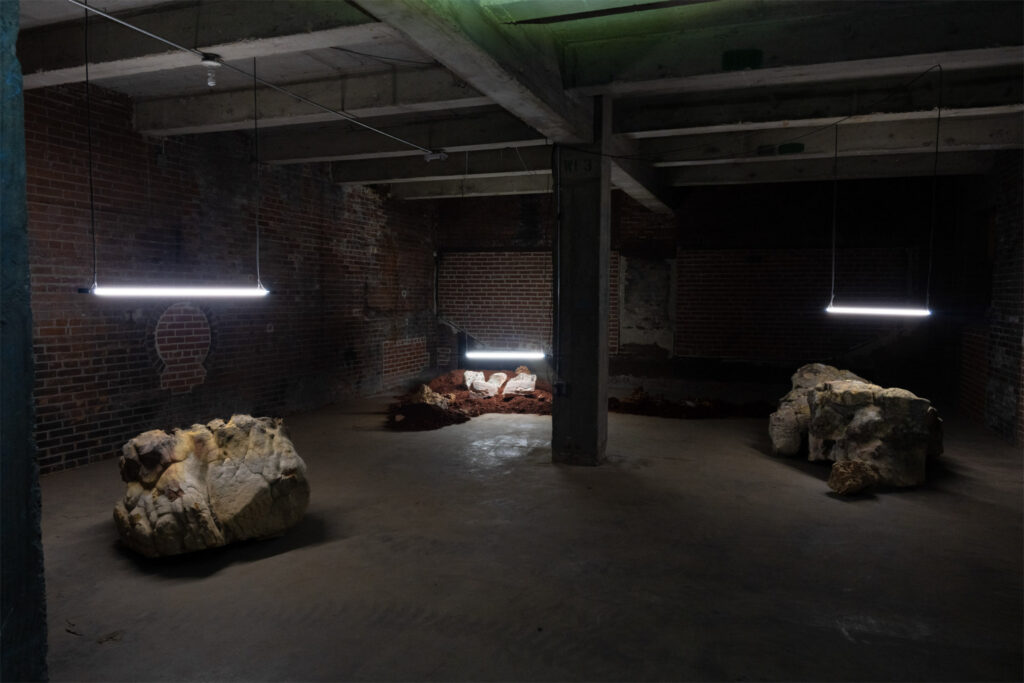 Warehouse with lights and stones